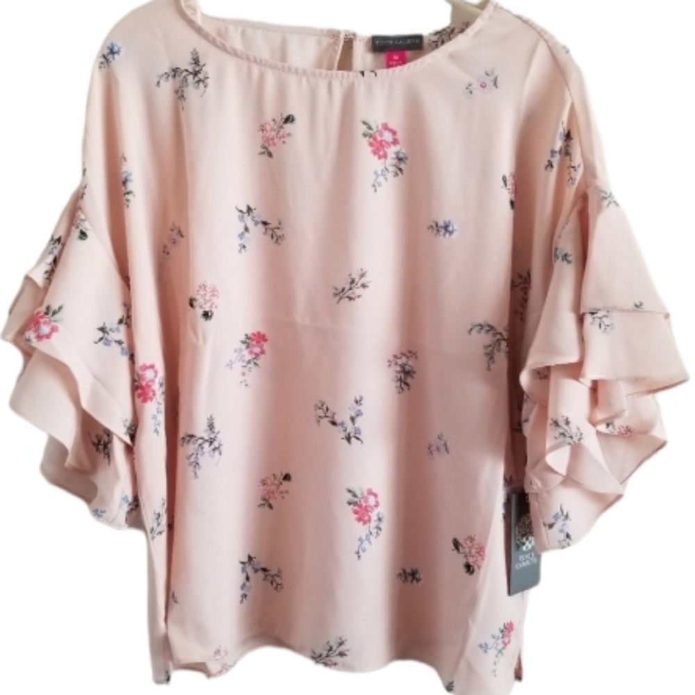 VINCE CAMUTO FLORAL TIERED RUFFLE SLEEVE TOP